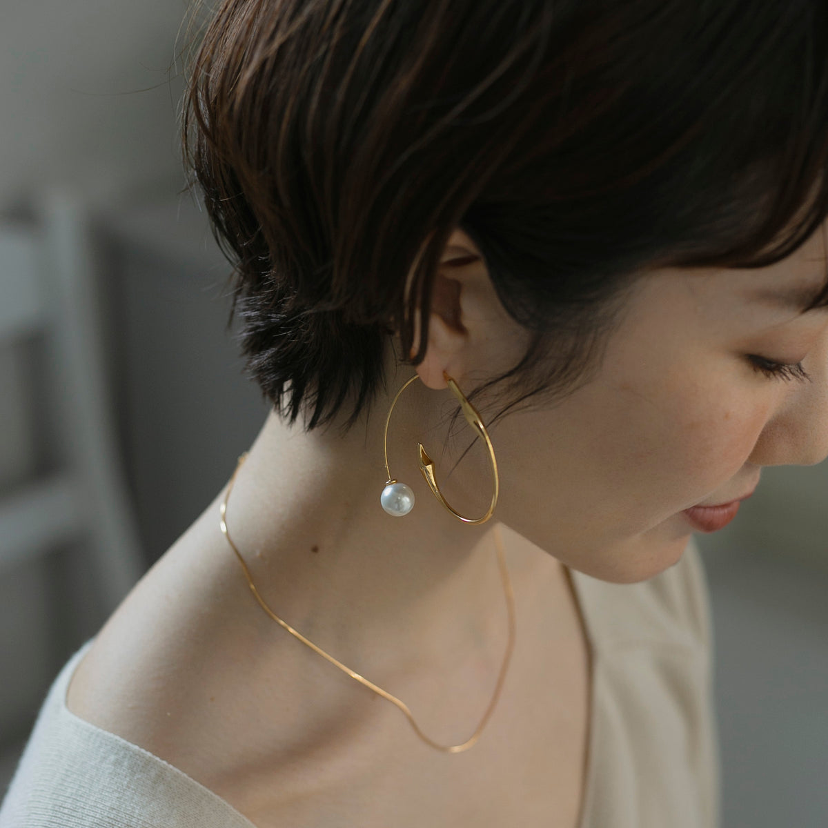 シルバー フープピアス パールチャーム （ピアス・イヤリング
